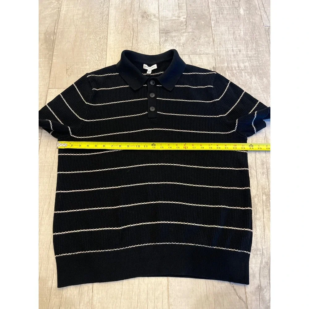 Banana Republic Mens Knit Polo Shirt Black White Striped Short Sleeve Large L‎